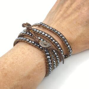 Vintage CHAN LUU Signed CL 925 Sterling Wrap Bracelet Blue Grey Crystals Leather